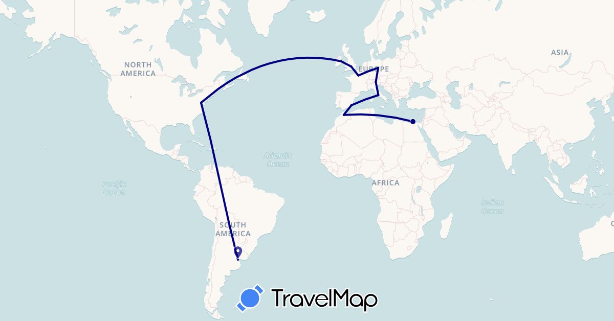 TravelMap itinerary: driving in Argentina, Germany, Egypt, Spain, France, United Kingdom, Ireland, Italy, Morocco, United States, Vatican City (Africa, Europe, North America, South America)